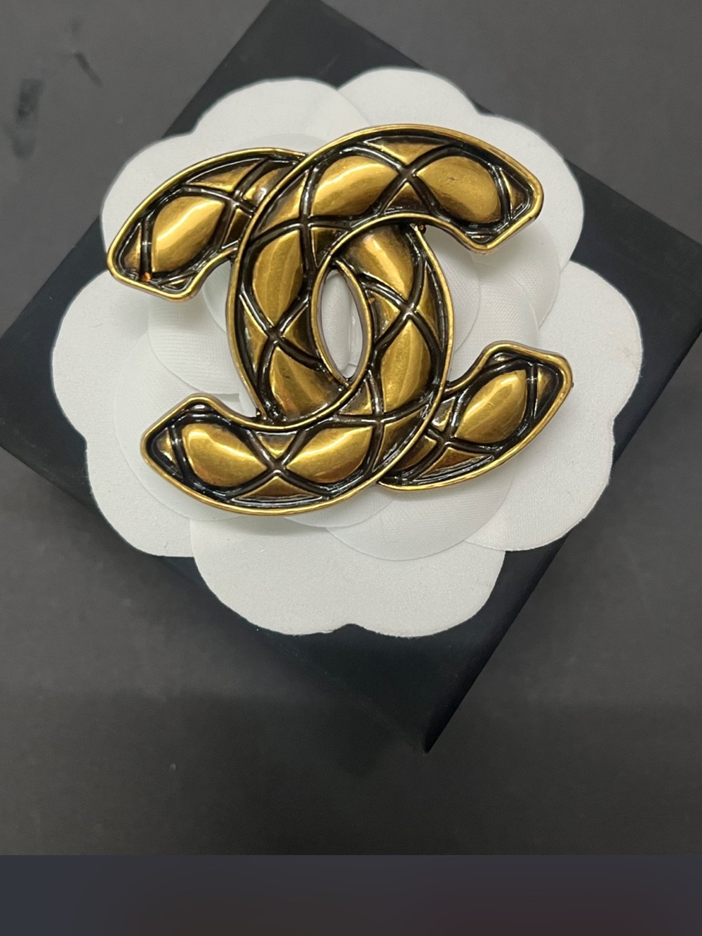 Double C Designer Large Quilted Look Antiqued Brooch
